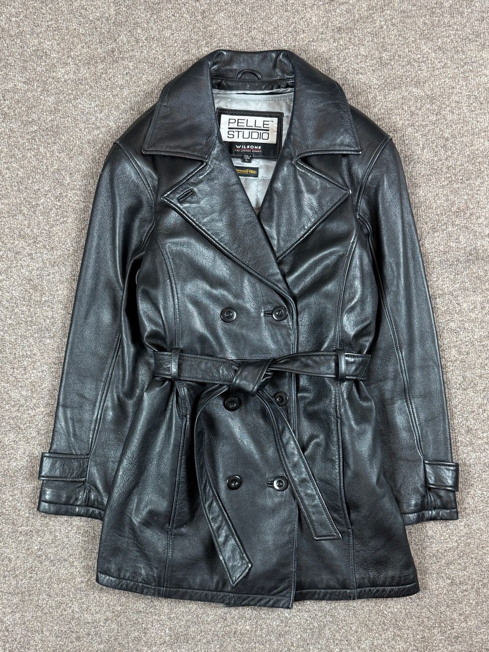 Vintage Black Leather Double Breasted Belted Mid Length Trench Coat Womens Large